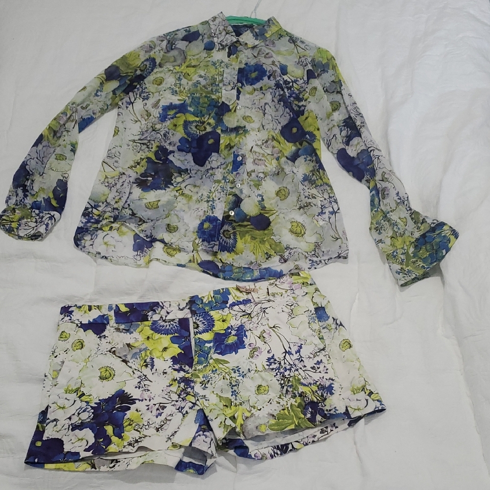 Zara Floral Print Shorts - Blue, Green, White